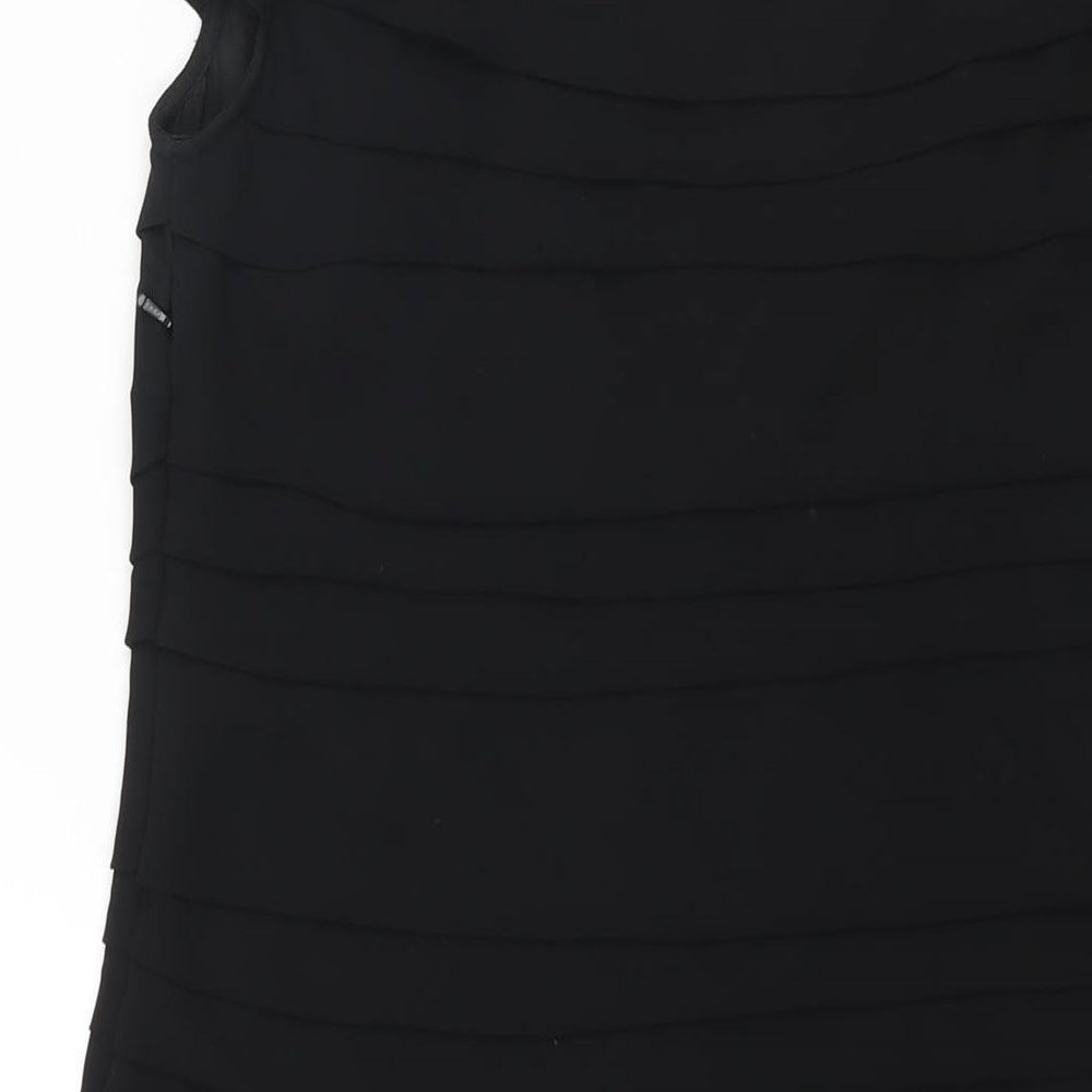 Brand and care label for French Connection women’s black polyester mini, size UK 8, boat neck pullover - layered pleat