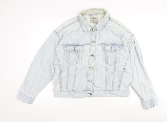 Additional front view of Denim & Co. women’s blue biker jacket, size UK 14, button