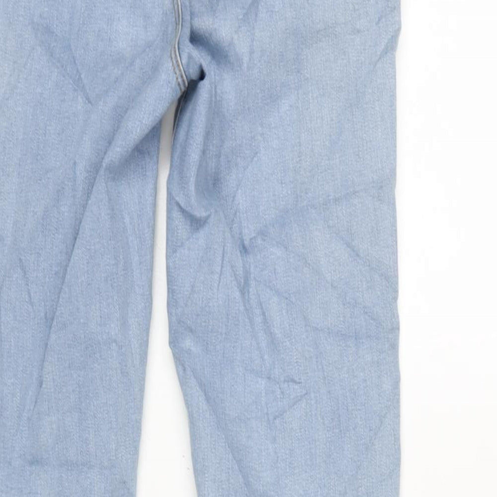 Brand and care label for Denim & Co. women’s blue cotton blend tapered jeans, size UK 8, 28.5-inch leg regular zip