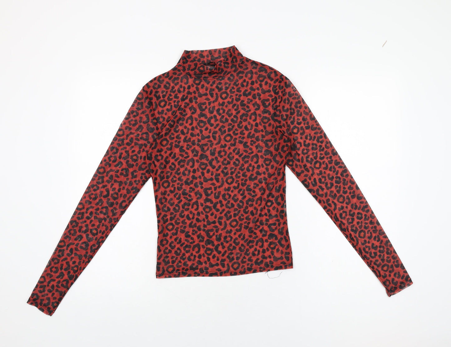 Pull&Bear Womens Red Animal Print Polyester Basic T-Shirt Size M High Neck