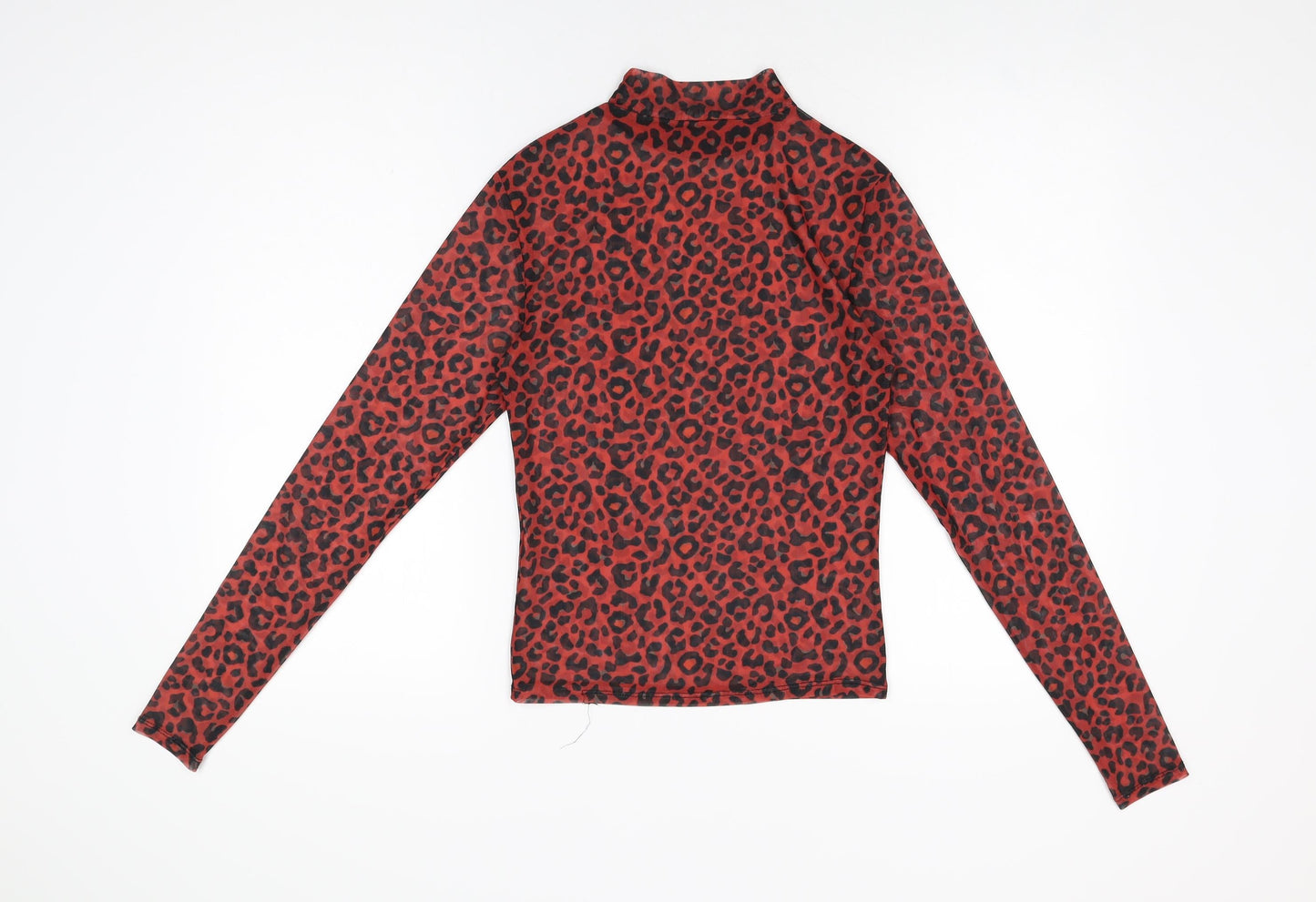 Pull&Bear Womens Red Animal Print Polyester Basic T-Shirt Size M High Neck