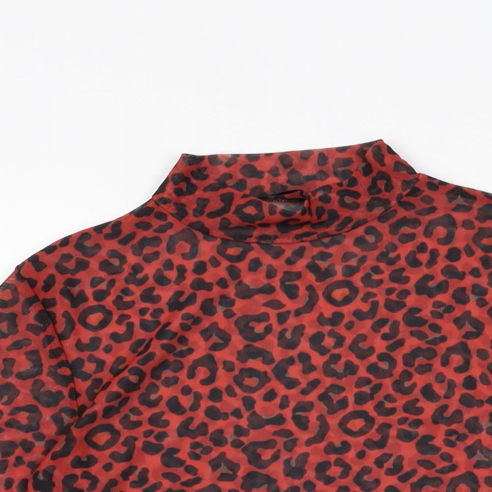 Pull&Bear Womens Red Animal Print Polyester Basic T-Shirt Size M High Neck