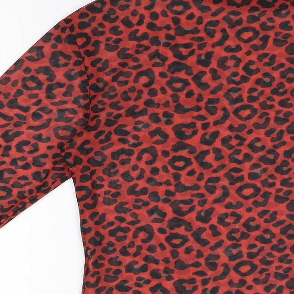 Pull&Bear Womens Red Animal Print Polyester Basic T-Shirt Size M High Neck