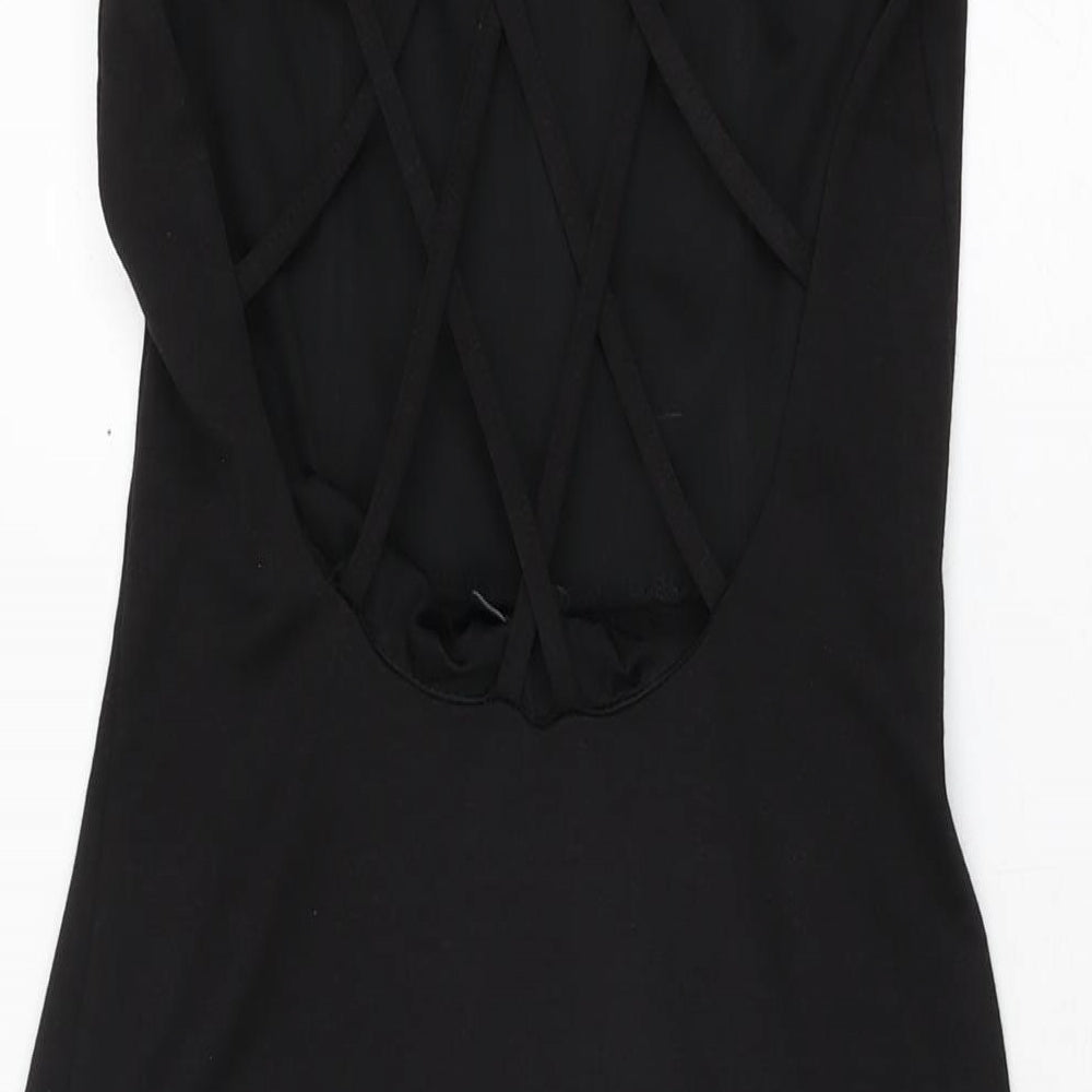 Brand and care label for ASOS women’s black polyester bodycon, size UK 6, sweetheart pullover