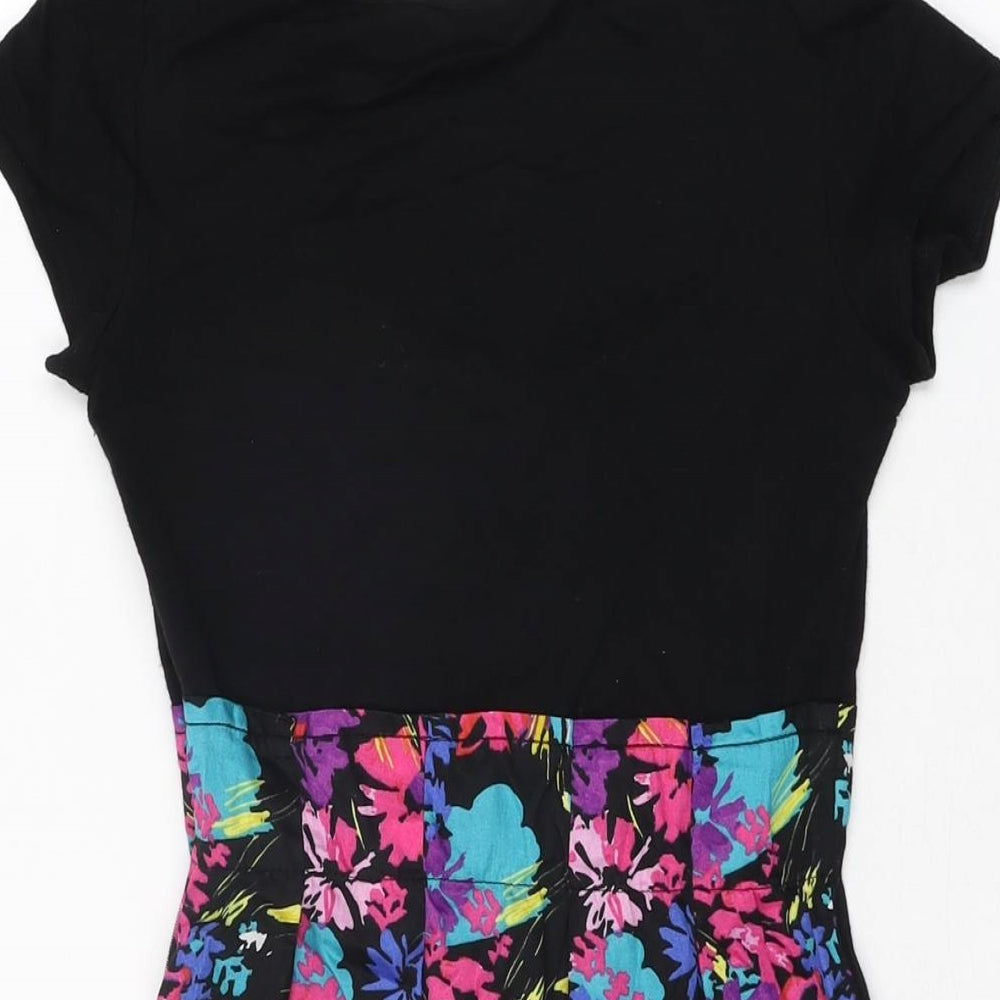 Brand and care label for Miss Selfridge women’s black floral viscose mini, size UK 4, scoop neck zip