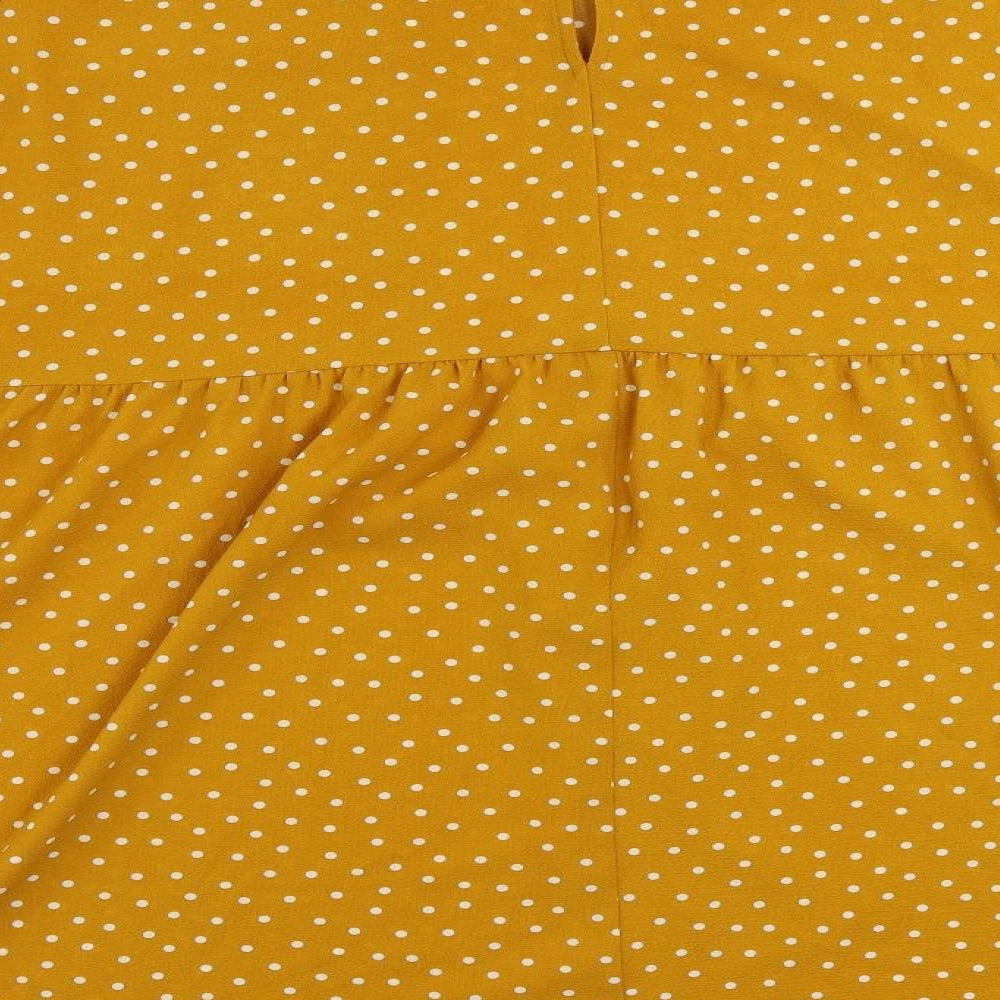Brand and care label for ASOS women’s yellow polka dot polyester a-line, size UK 24, round neck button