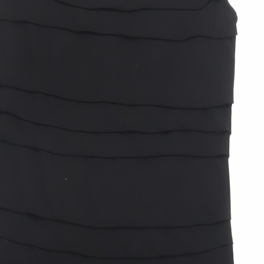 Brand and care label for French Connection women’s black polyester pencil dress, size S, boat neck zip