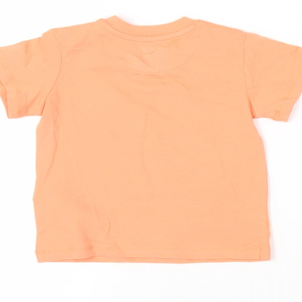 Brand and care label for Marks & Spencer Baby Orange Cotton Pullover T-Shirt, size 3-6, Months Crew Neck Snap