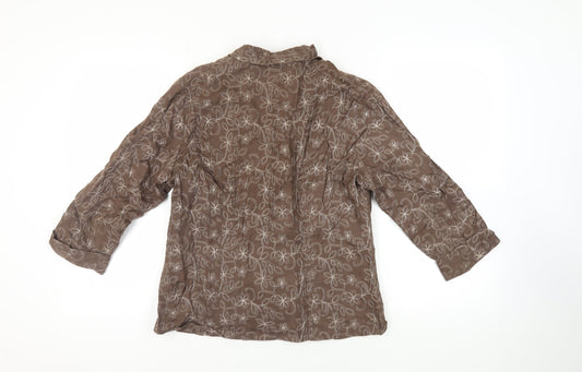 Anne Carson Womens Brown Floral Linen Basic Button-Up Size L Collared - Vintage
