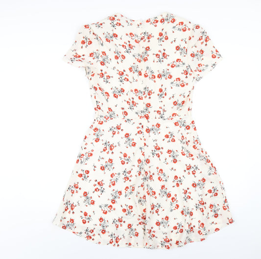 Glamorous Womens Ivory Floral Polyester A-Line Size S V-Neck Zip