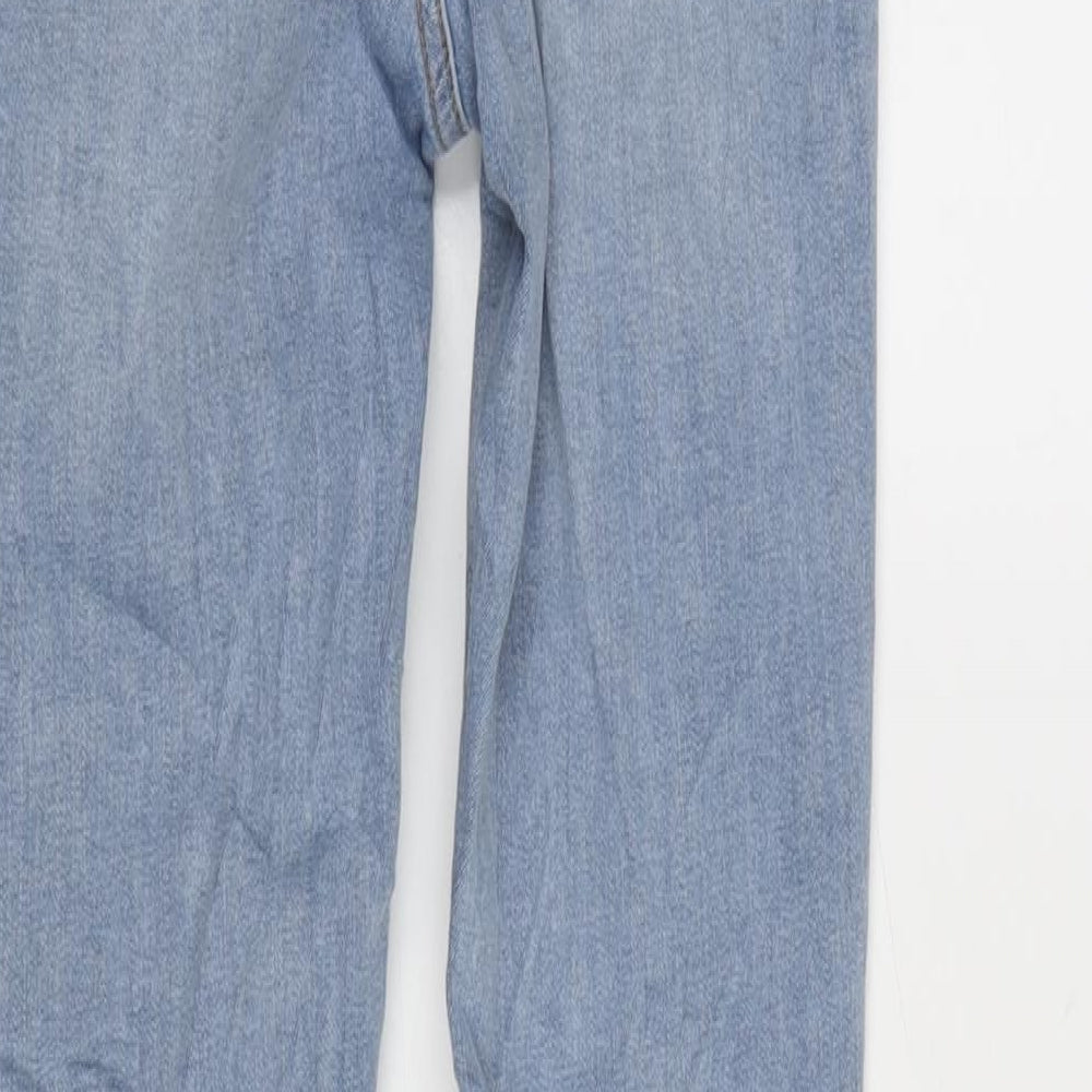 Brand and care label for Denim & Co. women’s blue cotton blend tapered jeans, size UK 8, 29-inch leg regular zip