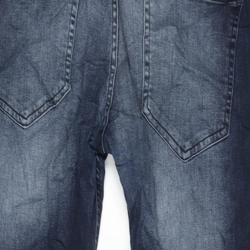 Brand and care label for Denim & Co. men’s blue cotton blend tapered jeans, size 36, in, 32-inch leg slim zip - raw hem