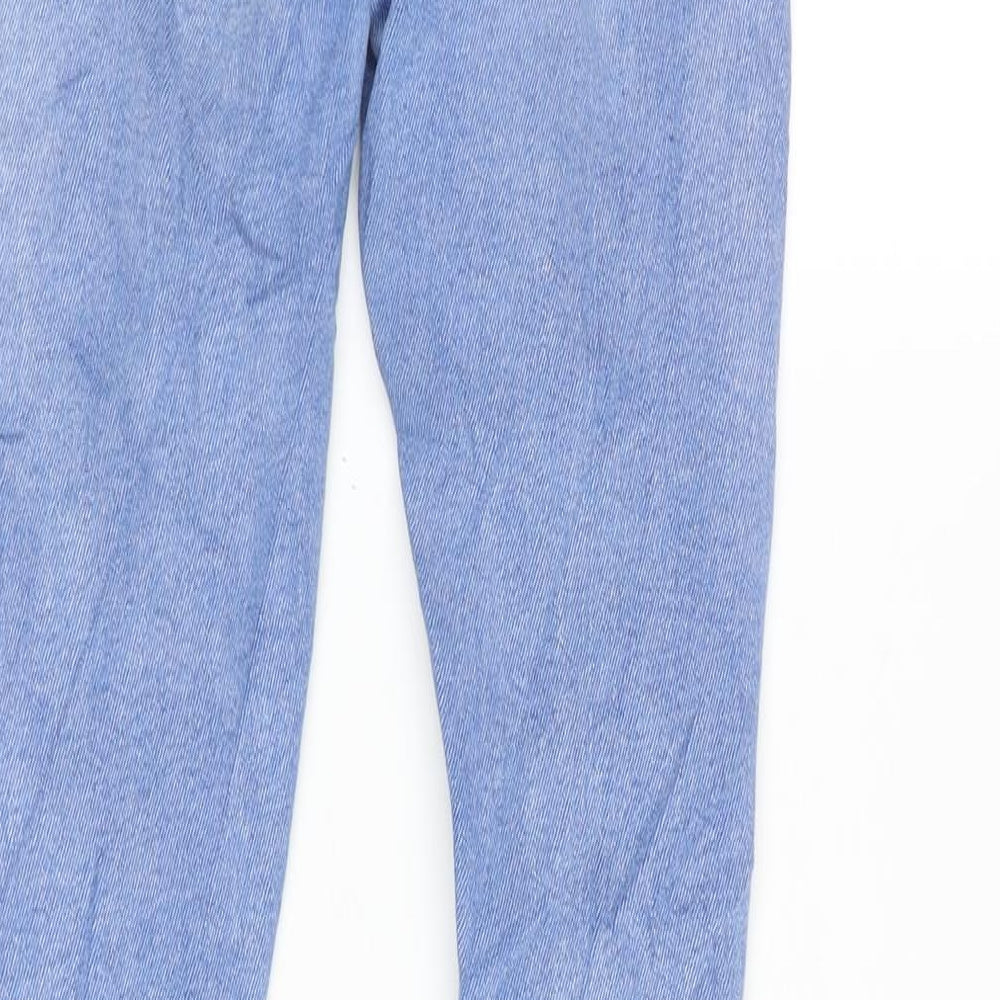 Brand and care label for Denim & Co. women’s blue cotton blend tapered jeans, size UK 8, 27-inch leg regular zip