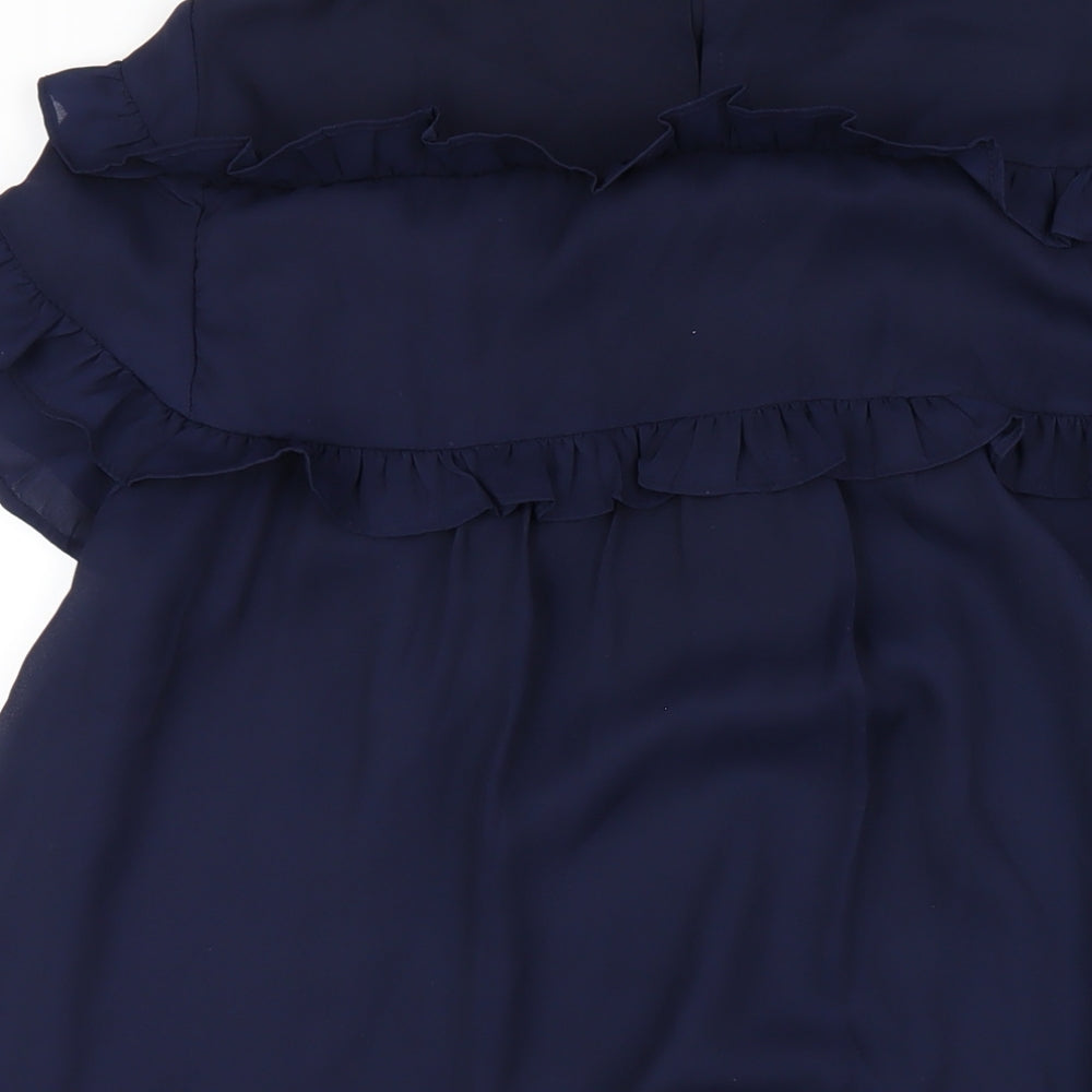Brand and care label for Fashion Union women’s blue polyester a-line, size UK 12, round neck button