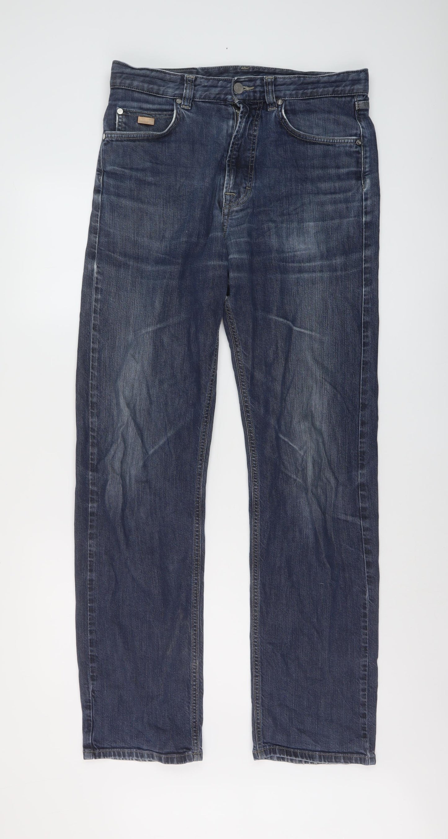 Boss Mens Blue Cotton Straight Jeans Size 32 in L32 in Regular Button