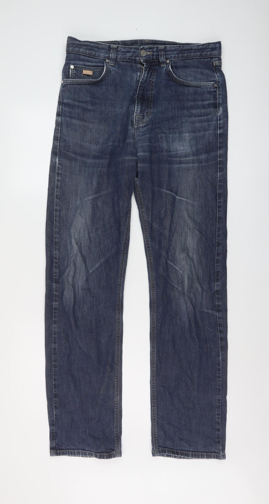 Boss Mens Blue Cotton Straight Jeans Size 32 in L32 in Regular Button