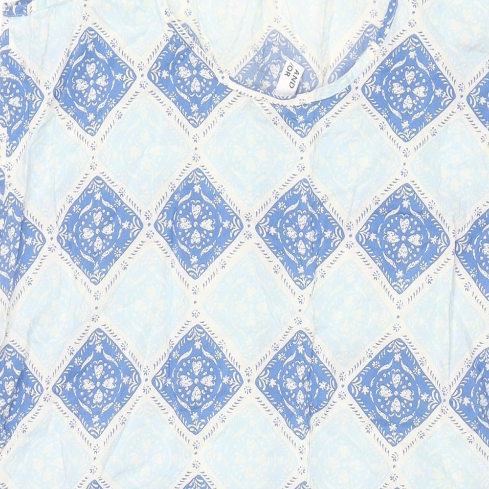 Brand and care label for AND/OR women’s blue geometric cotton shift, size UK 10, scoop neck pullover