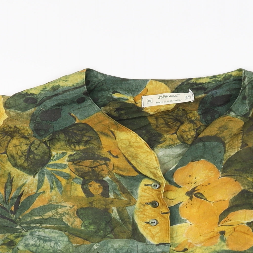 St Michael Womens Green Floral Cotton Basic Button-Up Size 16 V-Neck