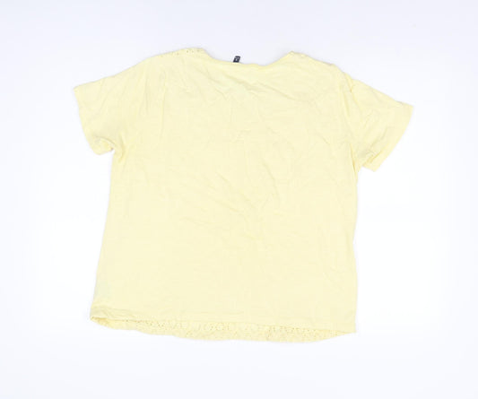 EWM Womens Yellow Floral Cotton Basic T-Shirt Size M Round Neck