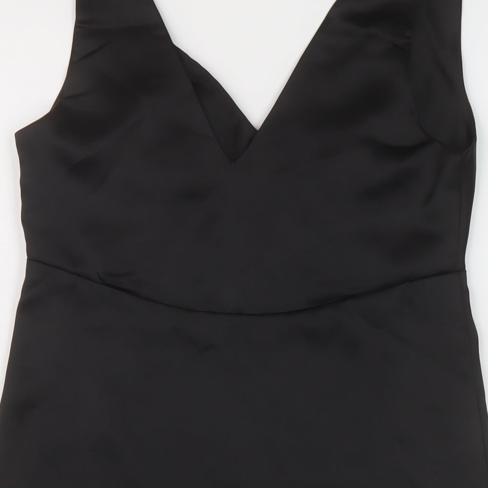 Brand and care label for ASOS women’s black polyester mini, size UK 4, v-neck zip