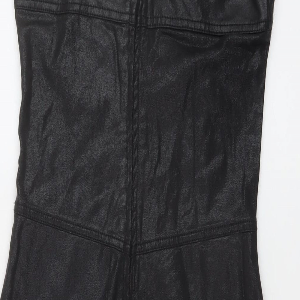 Brand and care label for Miss Selfridge women’s black polyester mini, size UK 8, one shoulder zip