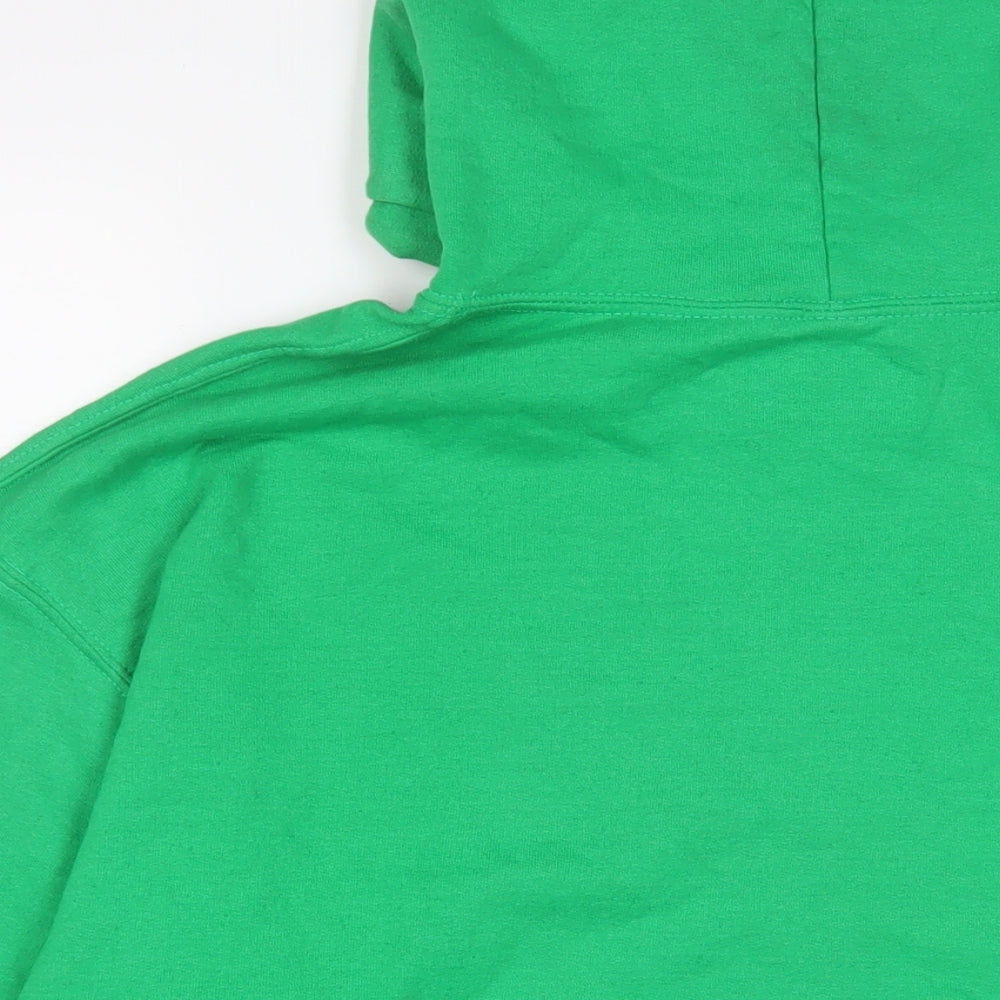 Brand and care label for I SAW IT FIRST women’s green cotton pullover hoodie, size M, pullover - michigan
