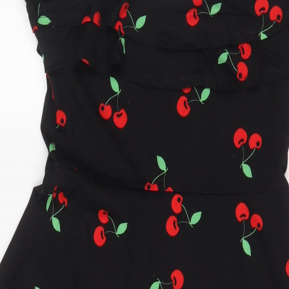 Brand and care label for ASOS women’s black geometric cotton a-line, size UK 10, off the shoulder pullover - cherries