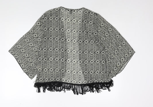 About A Girl Womens Black Geometric Polyester Kimono Blouse Size S V-Neck - Size S-M Tassle Hem