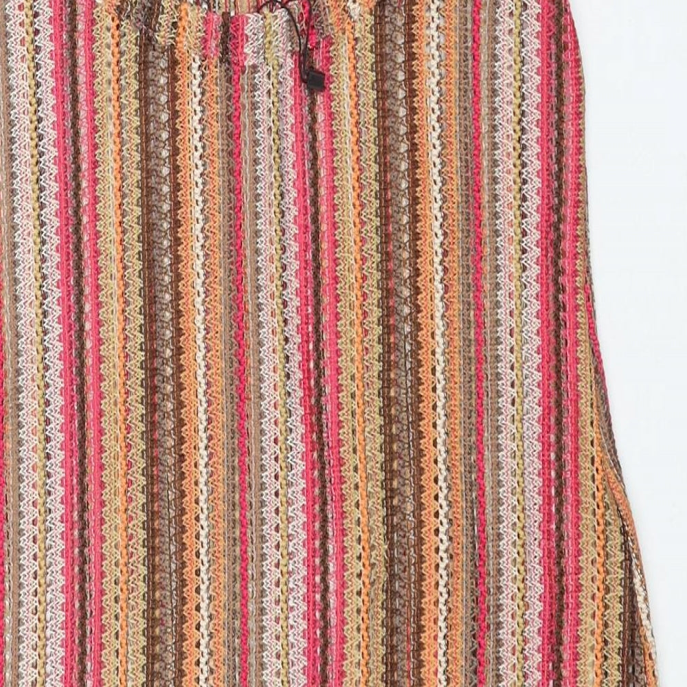 Brand and care label for I SAW IT FIRST women’s multicoloured striped polyester mini, scoop neck pullover - semi sheer