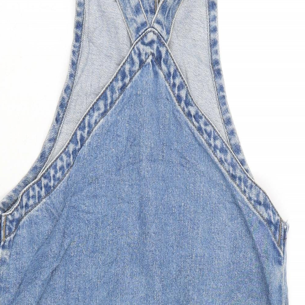 Brand and care label for Denim & Co. women’s blue cotton pinafore/dungaree dress, size UK 8, square neck snap