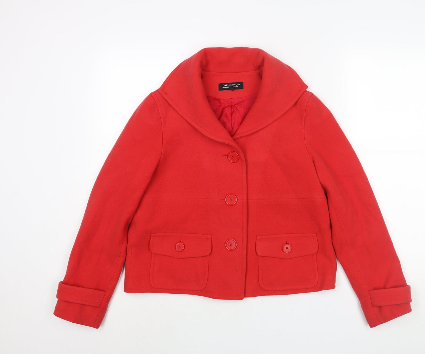 Jones New York Womens Red Pea Coat Coat Size S Button