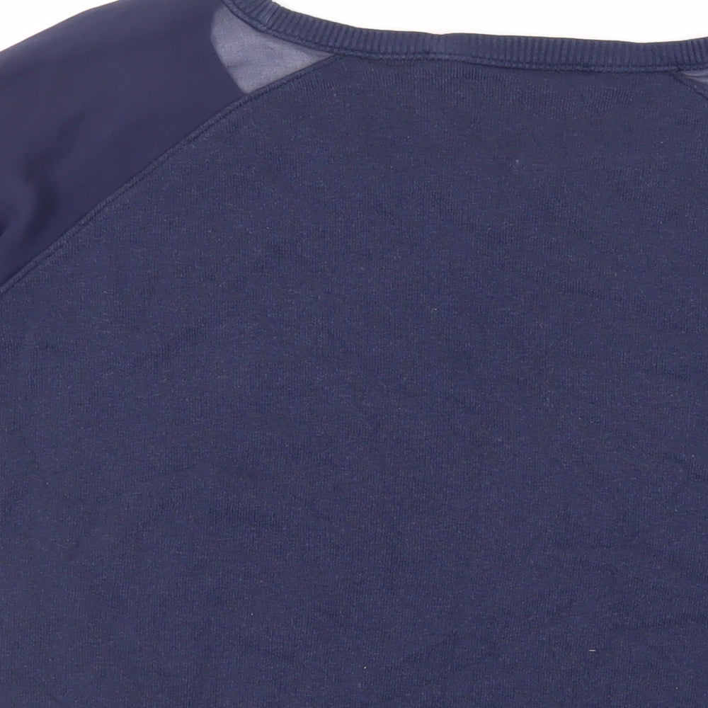 Brand and care label for French Connection women’s blue cotton pullover sweatshirt, size M, pullover - sheer sleeves