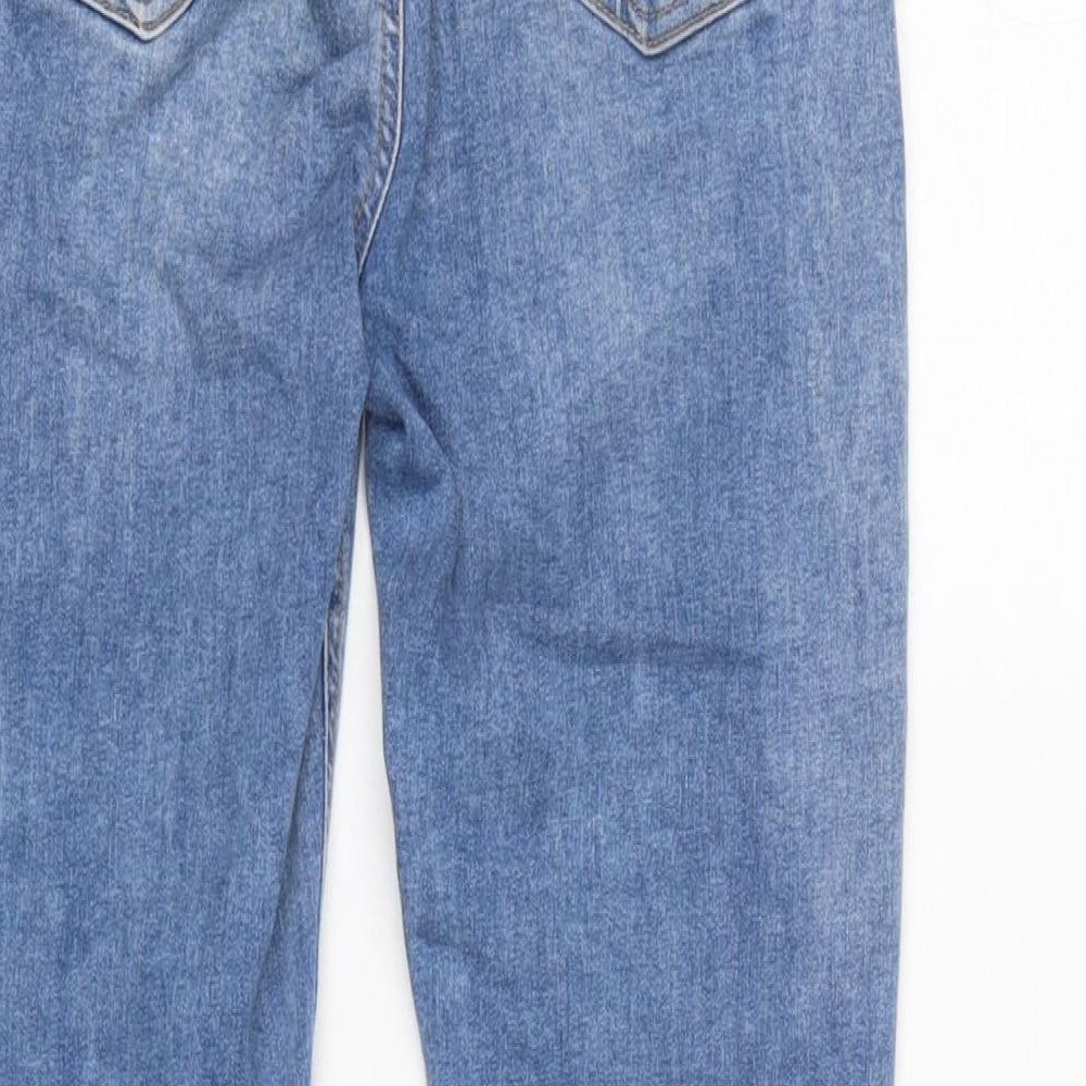 Brand and care label for Denim & Co. women’s blue cotton blend tapered jeans, size UK 8, 27.5-inch leg regular zip