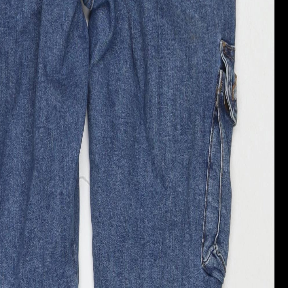 Brand and care label for Fashion Nova women’s blue cotton straight jeans, size UK 29, in regular zip - cargo style