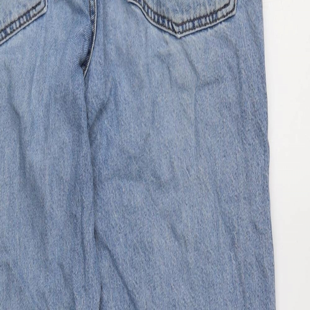 Brand and care label for ASOS men’s blue cotton straight jeans, size 30, in, 32-inch leg regular button - fraying to hem.