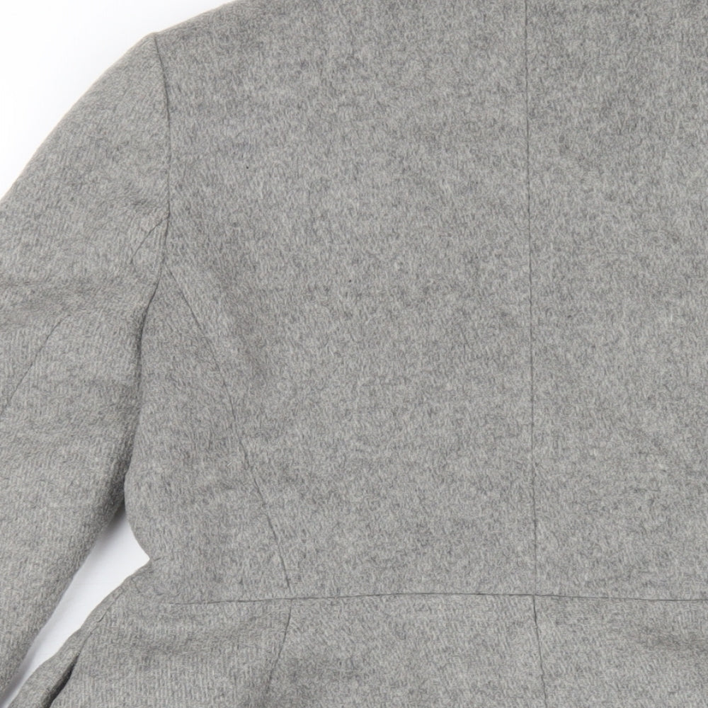 Brand and care label for ASOS women’s grey pea coat coat, size UK 10, button