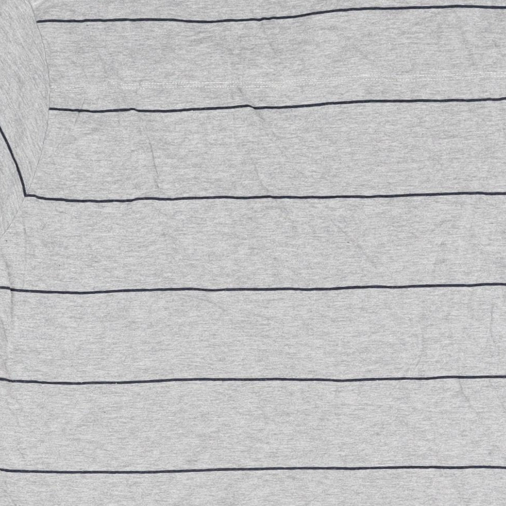 Brand and care label for French Connection men’s grey striped cotton t-shirt, size L, round neck