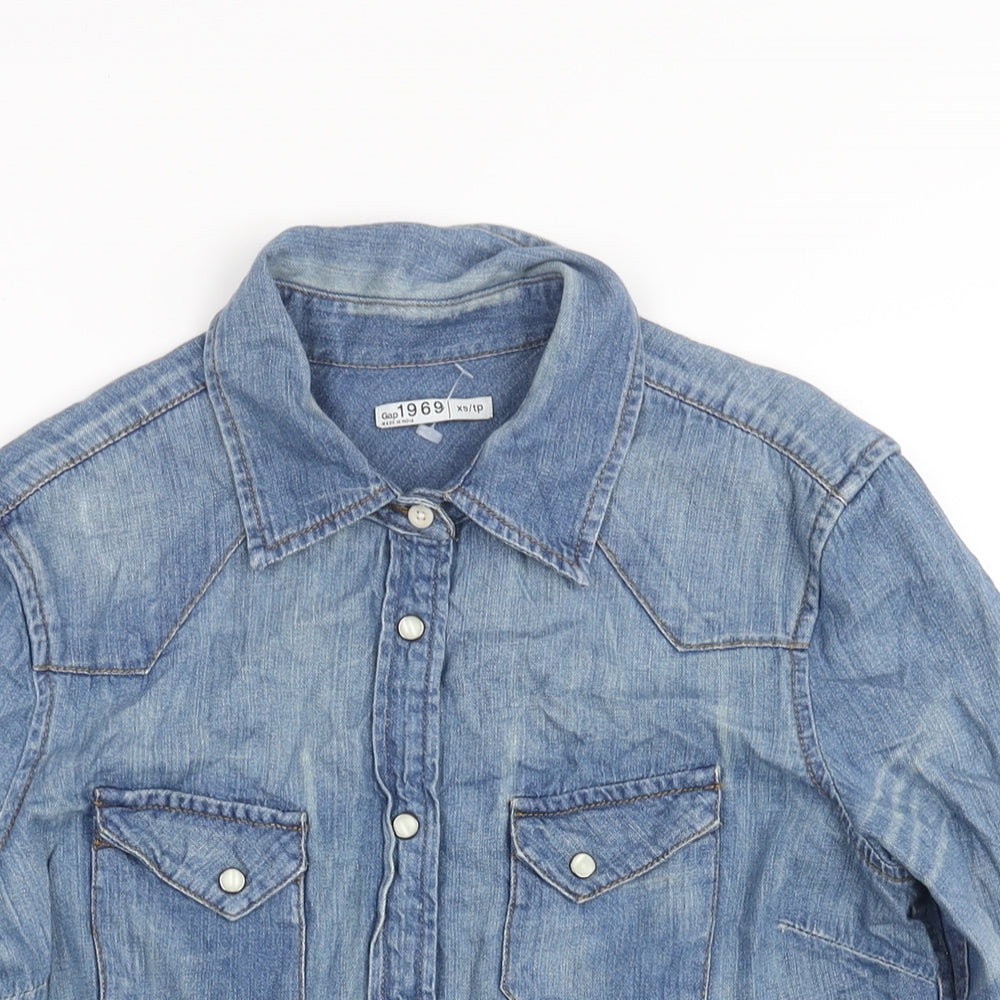 Gap Womens Blue Cotton Basic Button-Up Size XS Collared - Distressed