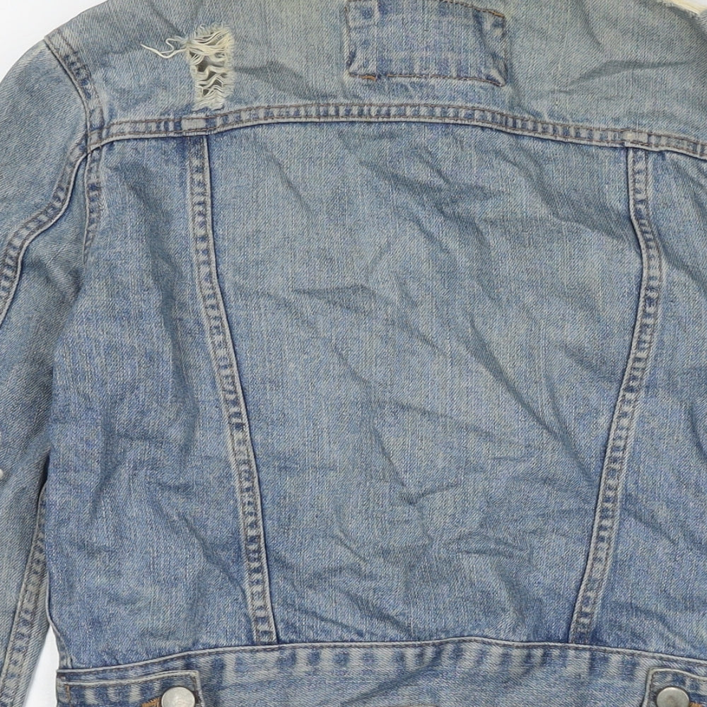 Brand and care label for ASOS women’s blue jacket, size UK 10, zip - distressed