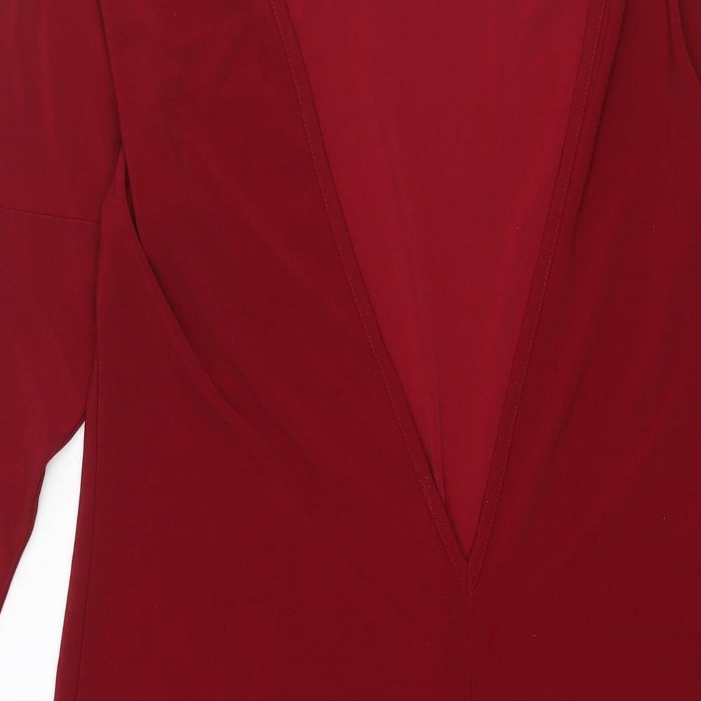 Brand and care label for ASOS women’s red polyester shift, size UK 10, boat neck pullover - low cut back