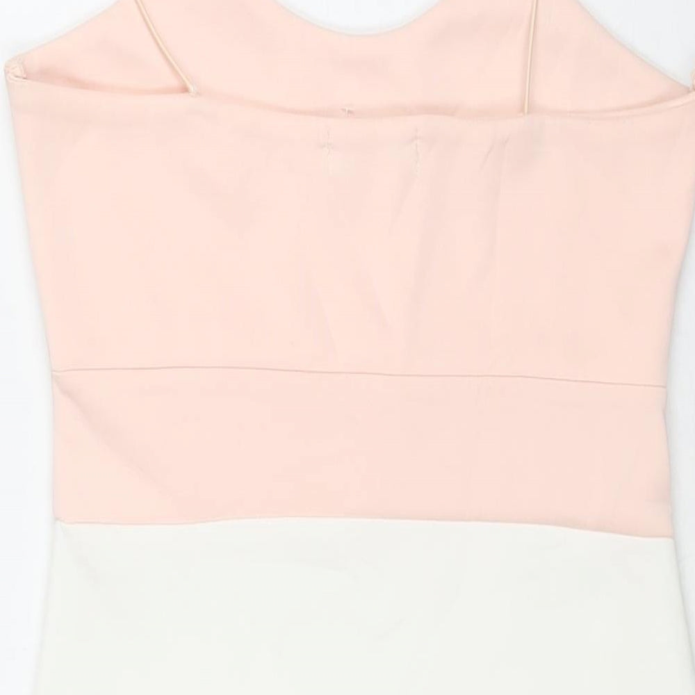 Brand and care label for Misguided women’s pink colourblock polyester mini, size UK 10, scoop neck pullover