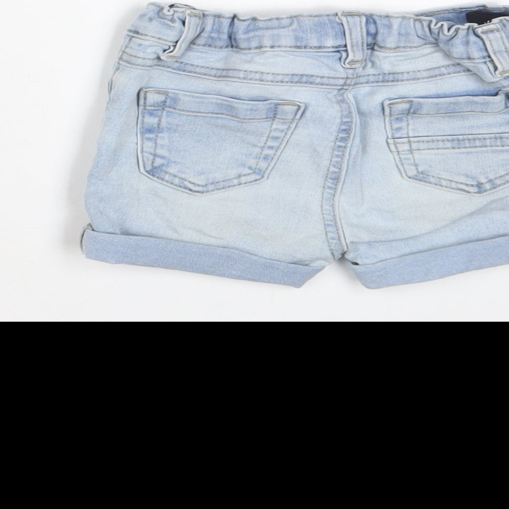 Brand and care label for Next girls’ blue cotton cropped trousers, size 3-6, months zip - adjustable waist
