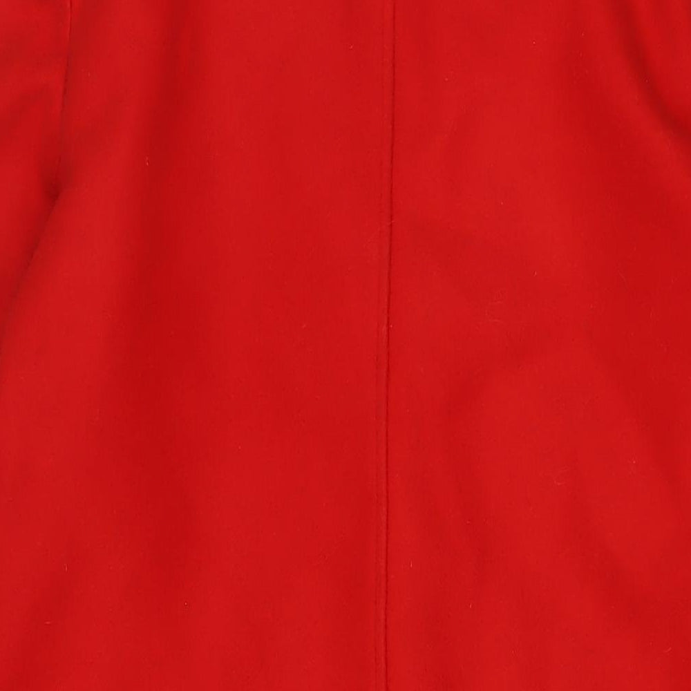 Brand and care label for Miss Selfridge women’s red overcoat coat, size UK 12, button - pockets