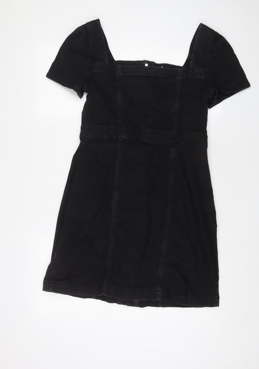 Denim & Co. Womens Black Cotton A-Line Size 14 Square Neck Button