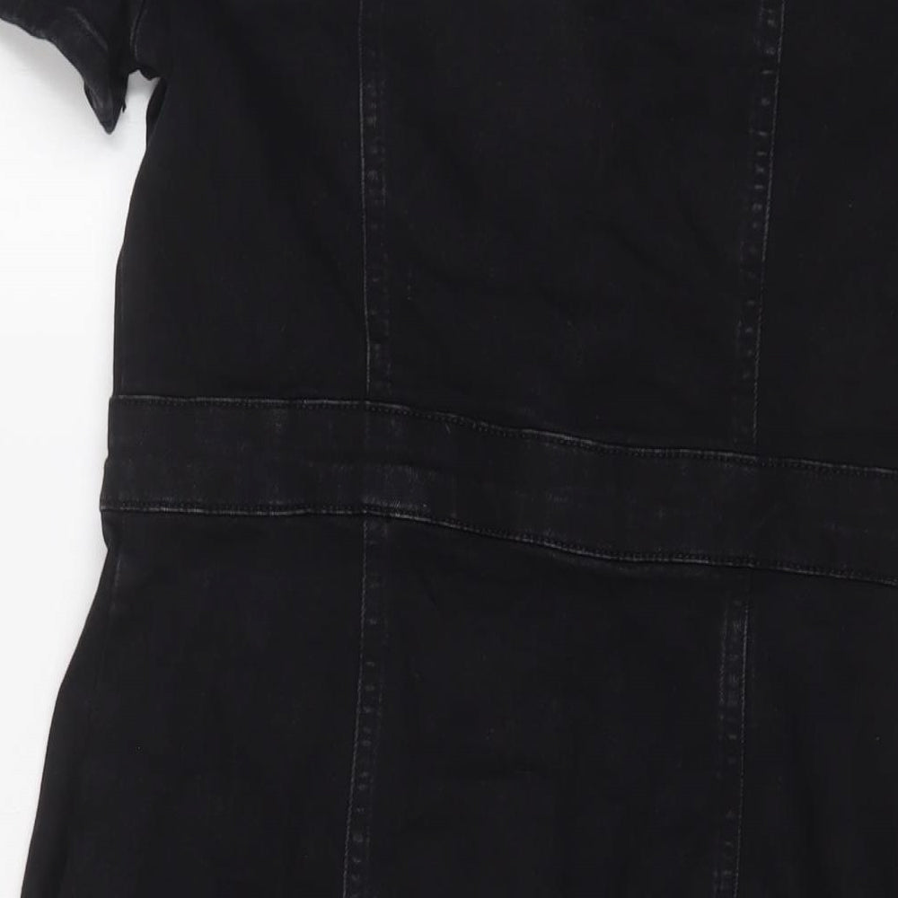 Brand and care label for Denim & Co. women’s black cotton a-line, size UK 14, square neck button