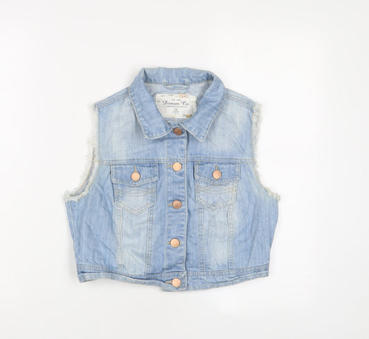 Additional front view of Denim & Co. women’s blue gilet jacket, size UK 14, button