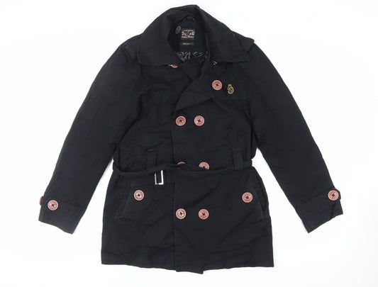 Additional front view of Luke men’s black pea coat coat, size S, button - belted