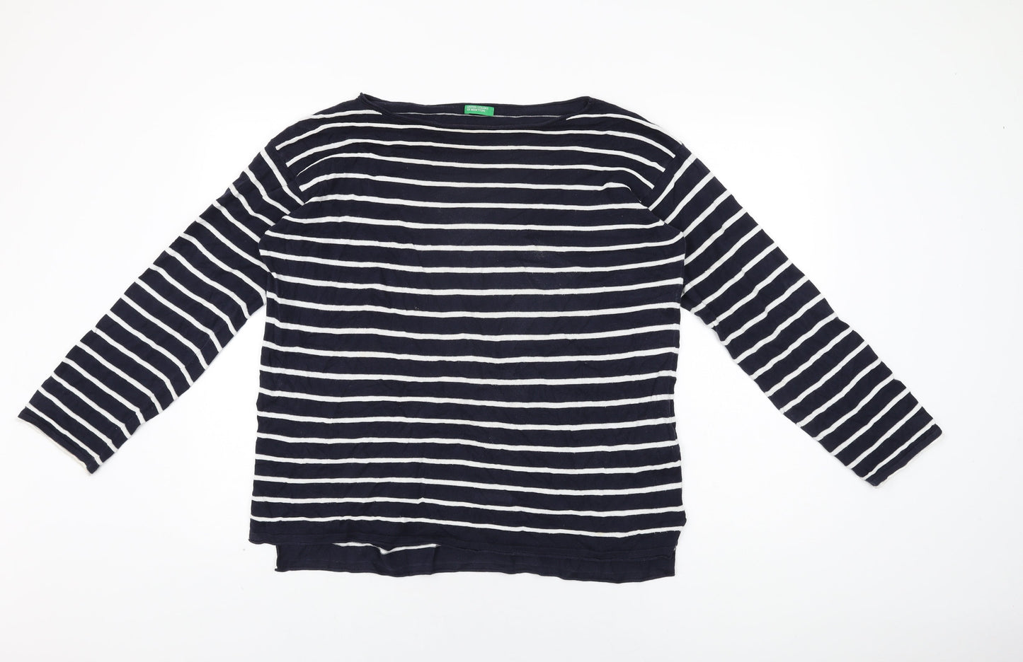 United Colors of Benetton Womens Blue Striped Cotton Basic T-Shirt Size M Round Neck