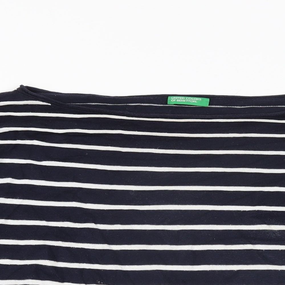 United Colors of Benetton Womens Blue Striped Cotton Basic T-Shirt Size M Round Neck
