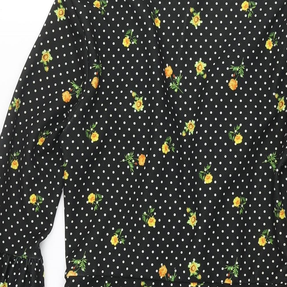 Brand and care label for ASOS women’s black floral polyester mini, size UK 8, sweetheart pullover - frill polka dot